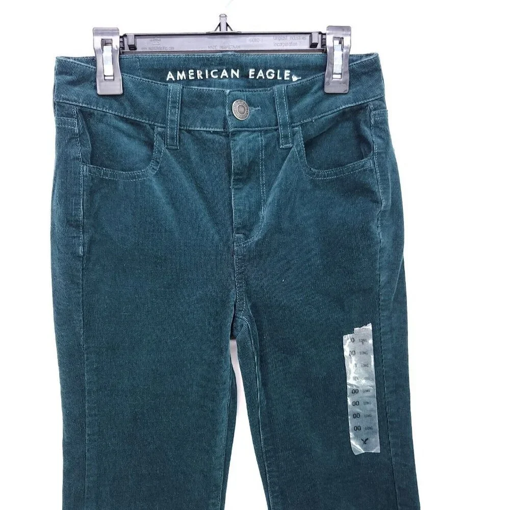 American Eagle Corduroy Pants Womens Size Slim 00 Long Emerald Green Pockets - Picture 3 of 15